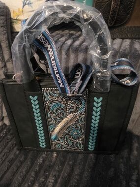Montana West Black Crossbody Tote Bag with Turquoise Embroidery